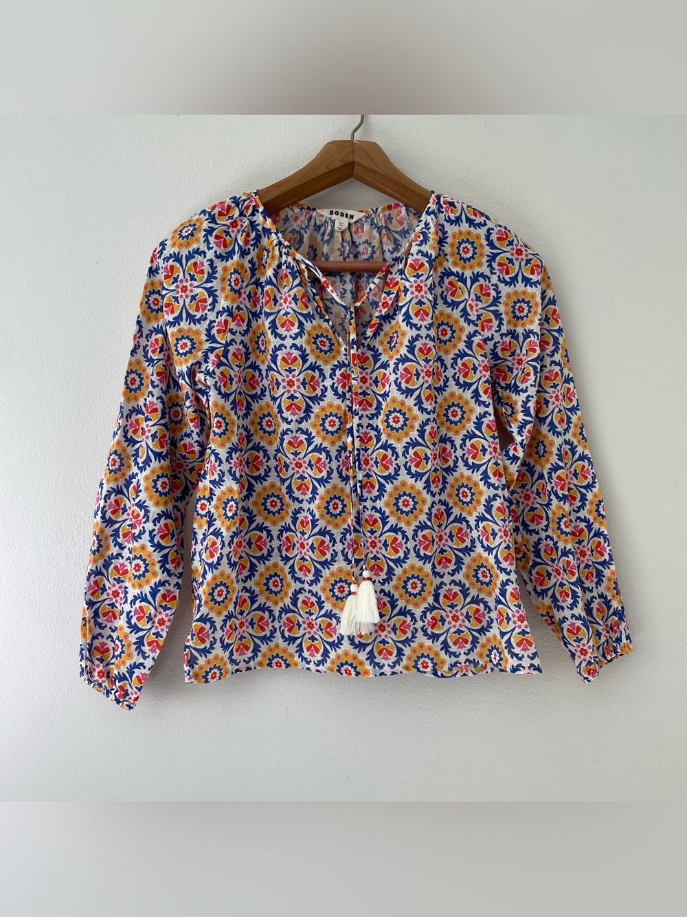 Boden Serena Artisan Blouse size 6 Mosaic Bloom Floral Cotton Top Festival Boho